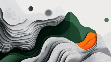 Poster - flowing layers in shades of green, orange, and gray create a dynamic and abstract topography, evokin