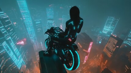 Wall Mural - Cyberpunk biker sitting on futuristic neon motorcycle on top of skyscraper, contemplating cyberpunk cityscape at night, digital illustration