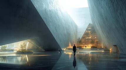 Poster - businessman walking toward a pyramidal building with illuminated windows in a modern concrete lobby 