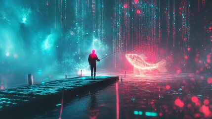 Poster - fisherman is catching a digital fish in a metaverse lake with binary rain falling at night, represen