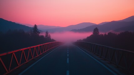 Poster - A serene road stretches through a misty landscape, framed by mountains and a colorful sky at dawn.