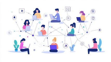 The network of interconnected people, each symbolizing different elements of the web development process, represents collaboration and communication within the digital marketing agency team. 