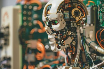 Poster - A close-up of a robot's circuitry ,A close-up of a robot head showcasing intricate electronics and colorful wires, highlighting its advanced technology.