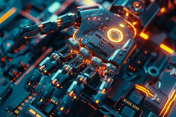 Poster - A close-up of a robot's circuitry , A robotic hand with glowing eyes rests on a computer, symbolizing advanced technology and artificial intelligence.