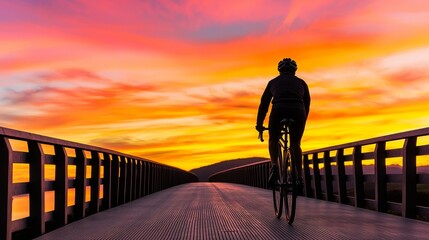 Wall Mural - A cyclist rides along a bridge at sunset, silhouetted against vibrant orange and purple skies, capturing a moment of tranquility and adventure.