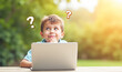 © Radorog. - a boy is sitting in front of a laptop looking for an answer to a question, there is a question mark in the air,