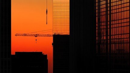 Poster - Sunset Silhouette Of Crane And City Buildings