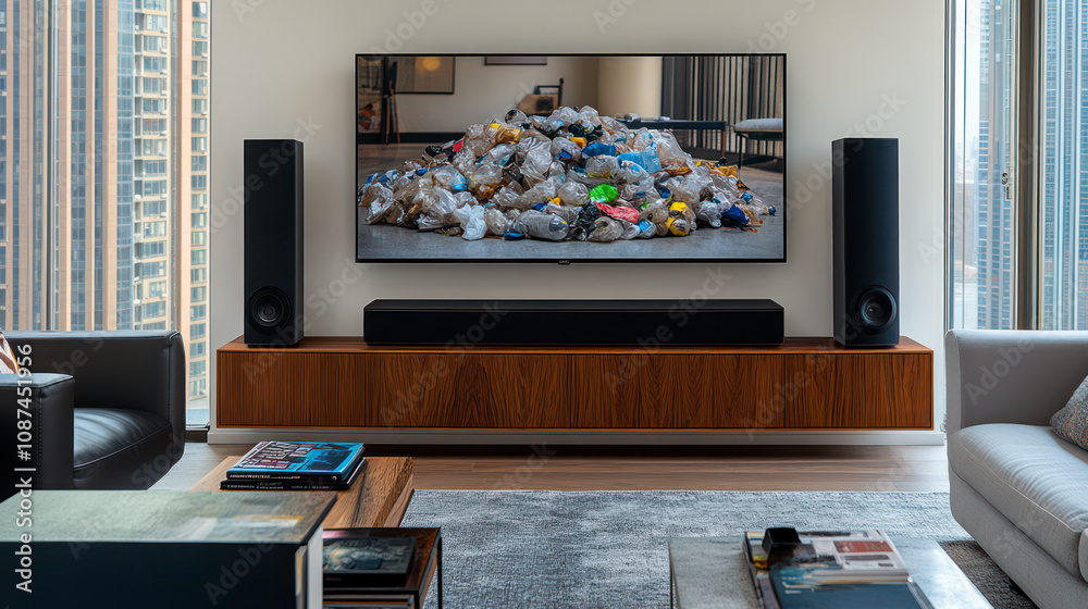 TV display showing piles of garbage - concept of brainwashing ...