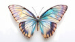 © Thiago - Stunning macro photograph of iridescent butterfly mid-flight, wings spread wide, showcasing intricate patterns against white backdrop. Iridescent Butterfly Wings. Illustration