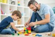 © SerPak - A father and son are engaging in a fun activity together, building structures with colorful blocks on a soft rug. Their smiles show the joy of bonding through play at home during a weekend afternoon.