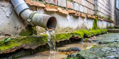 Wall Mural - A metal pipe, weathered and mossy, pours water into a shallow stream, the source of a quiet trickle flowing over stone