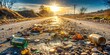 © Collection - A deserted road stretches towards a glowing sunset, littered with remnants of broken glass and discarded metal, highlighting the stark reality of environmental neglect.