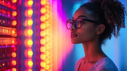 Poster - A woman analyzes server performance in a data center while running diagnostics