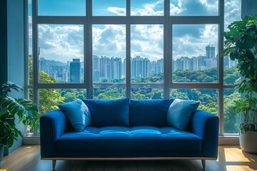 Wall Mural - Blue sofa in modern apartment with large windows showing a stunning city view with green trees