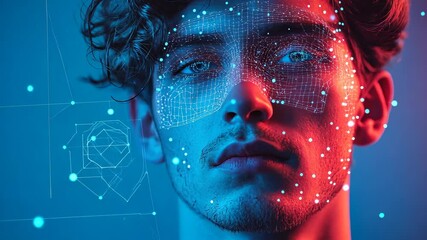 Poster - A man with digital facial recognition overlays on a blue backgro Video