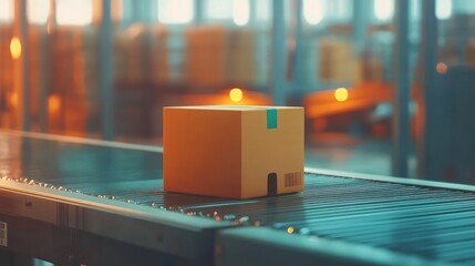 Poster - Cardboard Box Moves Along Conveyor Belt In Warehouse