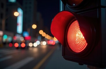 A bright red traffic light controls the flow of traffic on a busy street, with city lights glowing in the background