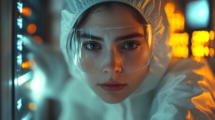 Poster - Woman in protective suit analyzing data in a lab during a research project