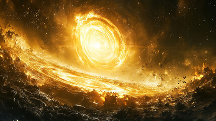 Aufkleber - A stunning cosmic event showing a glowing star formation emerging from dark space with swirling clouds at dusk. Generative AI