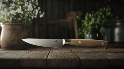 Poster - A wooden handled kitchen knife rests on a rustic wooden table