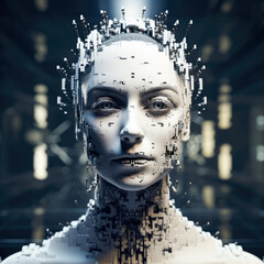 Poster - A futuristic digital woman appearing fragmented and pixelated, embodying concepts of technology and identity in an abstract style.