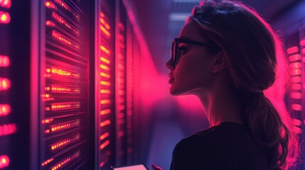 Poster - Female engineer working in a server room, analyzing data on a tablet during the evening hours