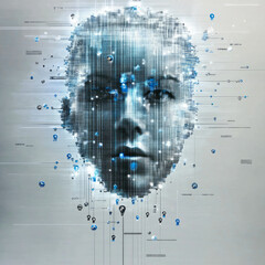 Poster - An abstract digital face created with intricate patterns and questions, exploring the complex relationship between technology and identity.