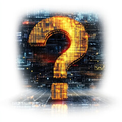 Poster - An abstract question mark in vibrant orange and yellow, glowing among dark circuits, showcasing data and the mystery of technological advancement.