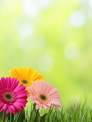 Aufkleber - Vibrant blooms of pink, yellow, and orange flowers stand tall in the green meadow, basking in the warm sunlight of spring. Generative AI