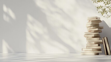 Poster - A Stack of Books Stands Against a White Wall