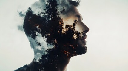 Poster - A Profile Silhouette of a Man Merging with Nature's Beauty, Featuring Clouds and Trees Captured in a Dreamlike Double Exposure Effect