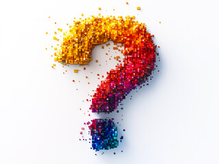 Poster - A vibrant and colorful question mark composed of tiny colored pixel blocks on a white background, representing curiosity and inquiry.