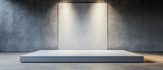 Poster - Minimalist exhibition space with a simple platform and spotlighted wall for art display.