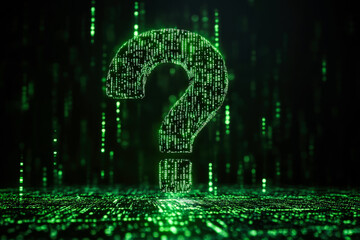Poster - An artistic representation of a digital green question mark made of matrix-like binary code, symbolizing curiosity and technological intrigue.