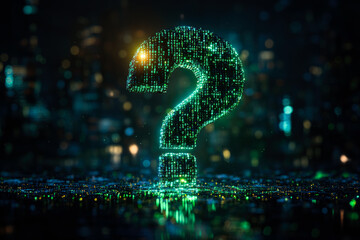 Poster - A digital, matrix-like green question mark amidst a futuristic cityscape, symbolizing exploration of tech, innovation, and unknown realms.