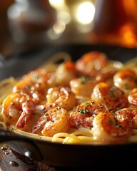 Canvas Print - A delicious plate of shrimp pasta, beautifully presented with herbs and a golden sauce, capturing the essence of gourmet dining.