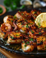 Sticker - Grilled octopus pieces topped with herbs and served with lemon slices on a dark platter, showcasing a delicious seafood dish.