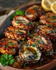 Canvas Print - Grilled octopus and oysters garnished with herbs and lemon, served on a rustic plate, showcasing a delectable seafood dish.