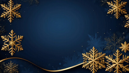 Wall Mural - Stylish christmas frame made of realistic golden and dark blue snowflakes falling on a dark blue background creating a festive atmosphere with copy space.