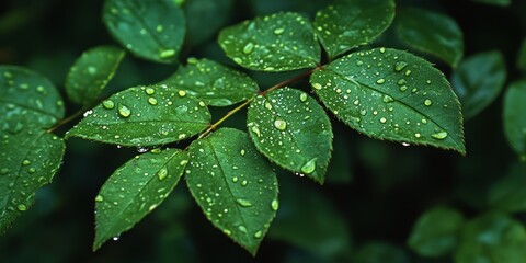 Wall Mural - fresh rose leaves glisten after a heavy rain, showcasing the beauty of nature. the vibrant green of 