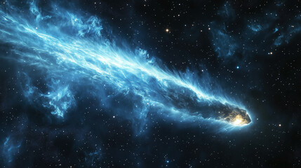 Aufkleber - A breathtaking celestial event showcasing a comet streaking through the vast universe filled with glowing cosmic clouds at night. Generative AI