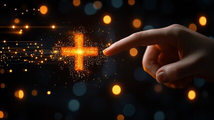 Aufkleber - Illuminating Digital Interaction Finger Touching a Glowing Plus Sign in a Dark Environment Conceptual Digital Art