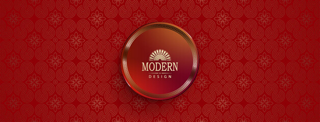 Wall Mural - Gorgeous textured red card with round frame and gold border.