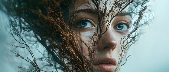 Aufkleber - Ethereal Portrait of a Young Woman Surrounded by Intricate Natural Elements Representing Connection to Earth and Spirituality in a Surreal Landscape