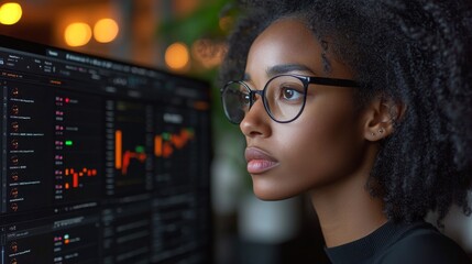 Poster - A woman monitors real-time server performance in a modern office setting during working hours