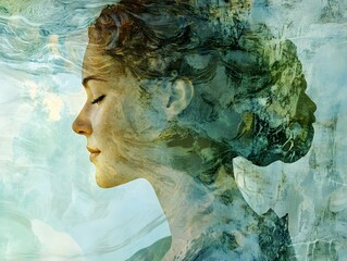 Aufkleber - Ethereal Portrait of a Woman Surrounded by Nature, Symbolizing Inner Peace and Harmony with the Environment in a Dreamy, Abstract Style
