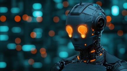 Wall Mural - Futuristic humanoid robot with glowing keyhole eyes in a technology-themed environment, symbolizing artificial intelligence, innovation, and digital advancement.