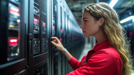 Poster - Woman inspecting backup power units in a data center during daylight hours