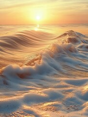 Poster - A breathtaking sunset casts golden hues over gentle waves rolling toward the shore, creating a serene atmosphere by the ocean. Generative AI