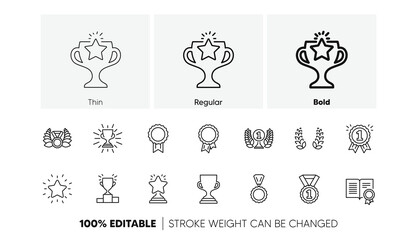 Poster - winner medal, victory cup and trophy reward. award line icons. achievement linear icon set. line ico